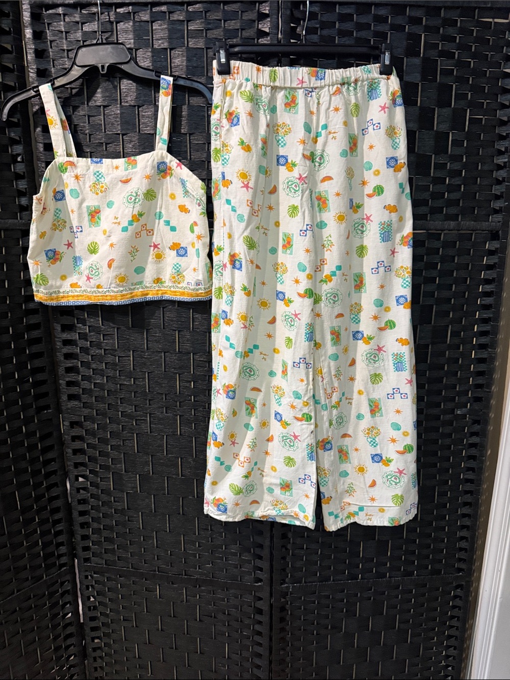 Women’s Cream Wide-Leg 2 piece Pant set with Colorful Beach Print